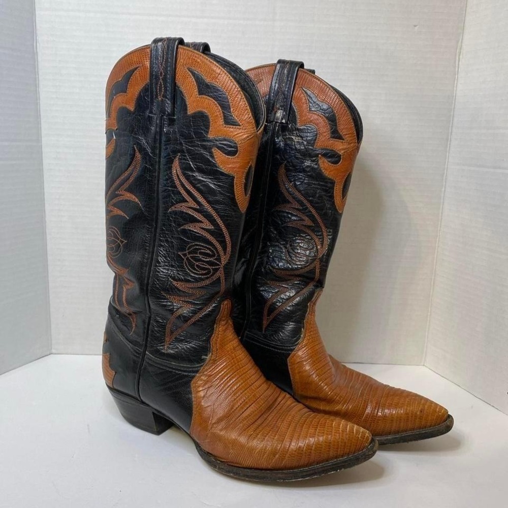 Tony Lama Mens Cowboy Boots Lizard Leather Black Orange Style 1225 Size 7M